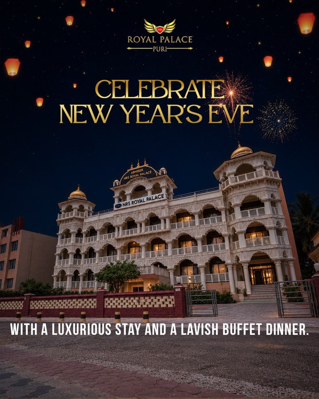Celebrate New Year's Eve at NRS Royal Palace, Puri — fireworks over the palace